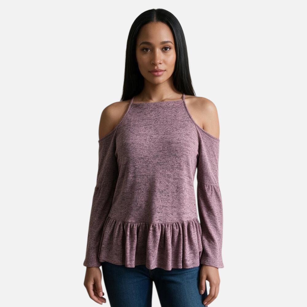 Lavender Cold Shoulder Ruffle Hem Top